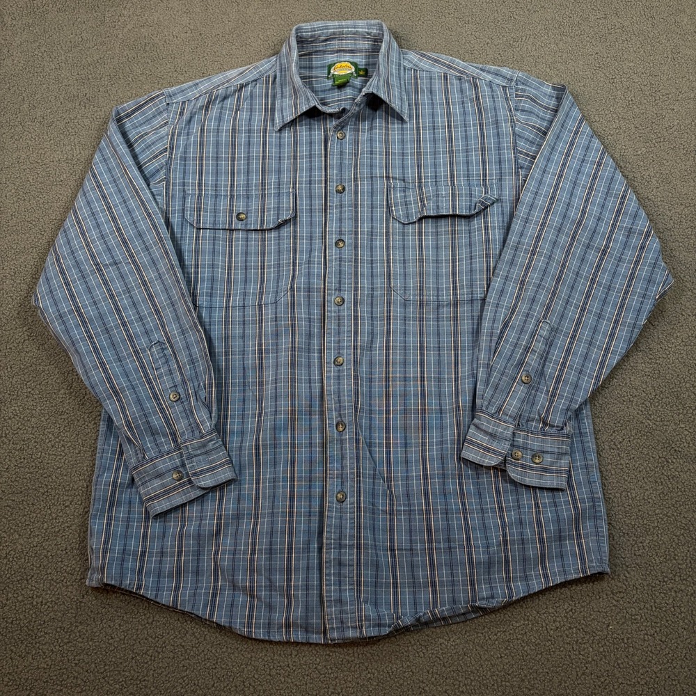 Cabelas Button Down Shirt Mens L Tall Blue Plaid Long Sleeve Cotton Outdoor 8926